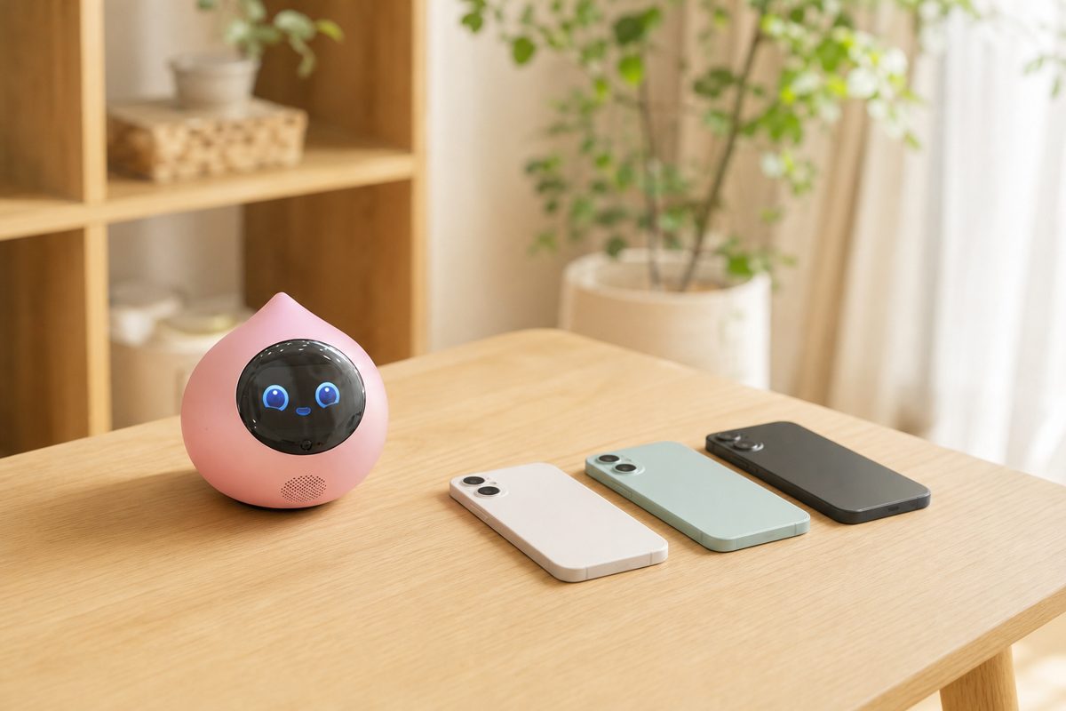 棚のロボットとテーブルの上の3台のスマホ