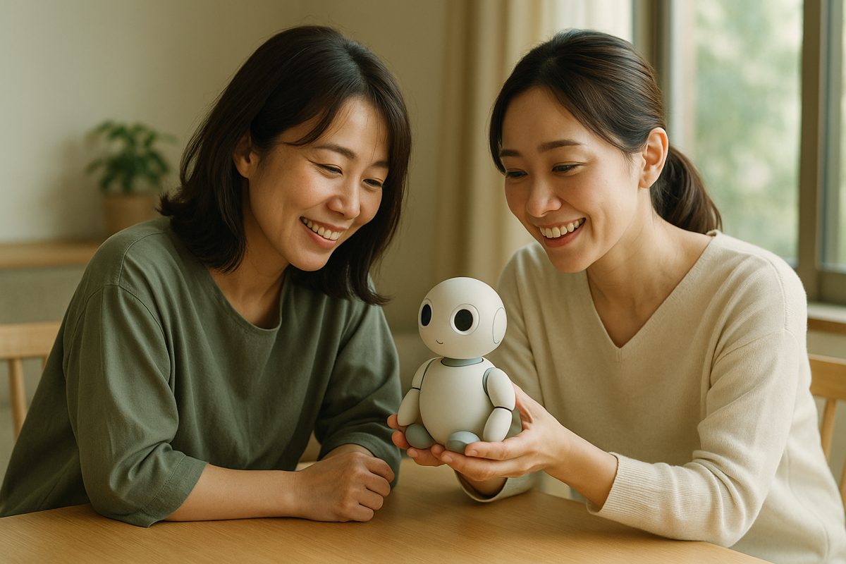 テーブルで小さなロボットを見せ合って笑う2人の女性