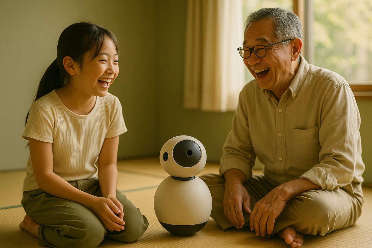 畳の上でロボットを囲んで笑う女の子と祖父