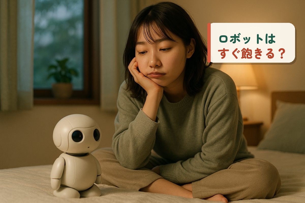 ベッドの上でほおづえをつき、小さなロボットを見つめる女性
