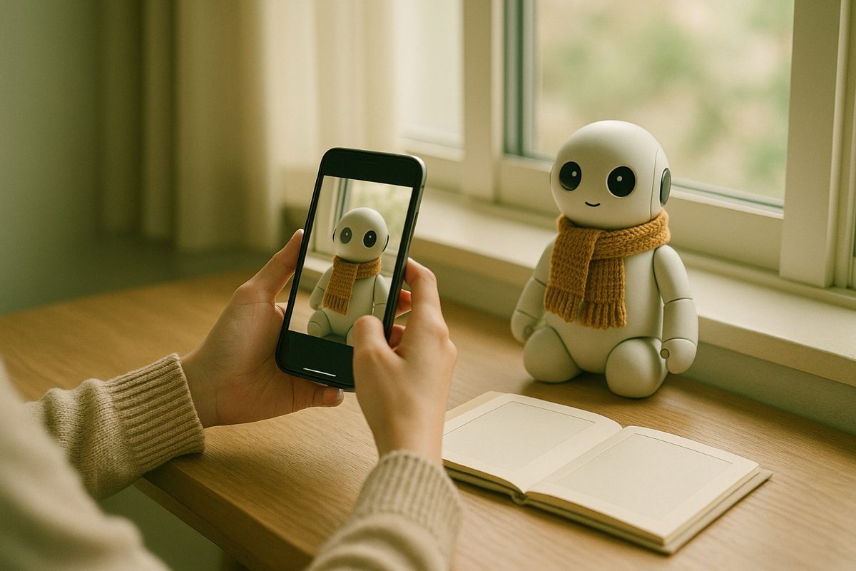 窓辺でマフラーを巻いた小さなロボットをスマートフォンで撮影する手