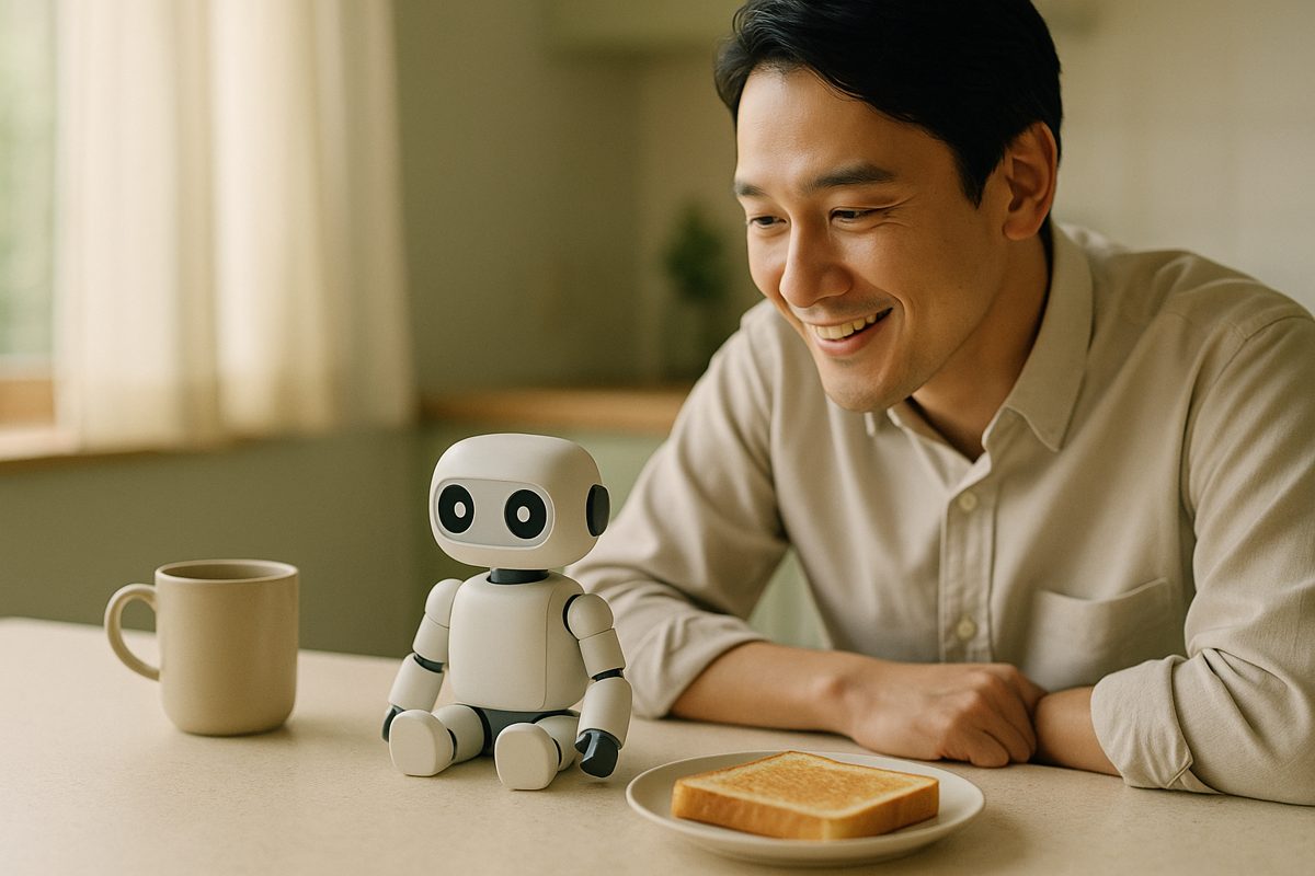 朝食のテーブルでロボットに笑いかける男性