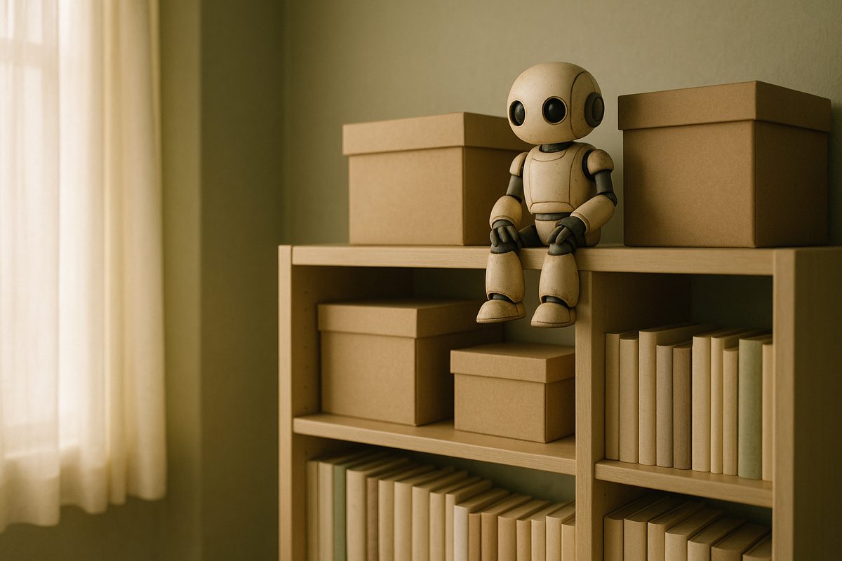 本棚の上で収納箱の間に置かれた小さなロボット