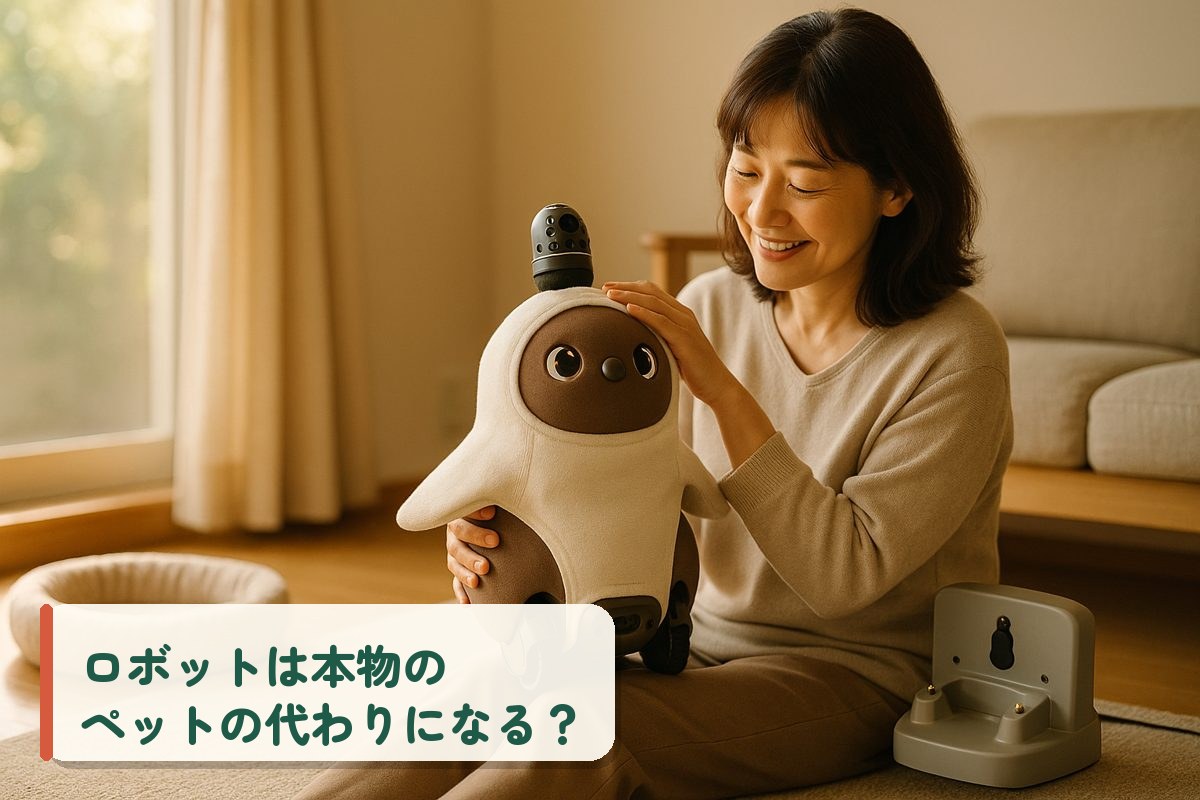 ロボットを撫でて微笑む女性