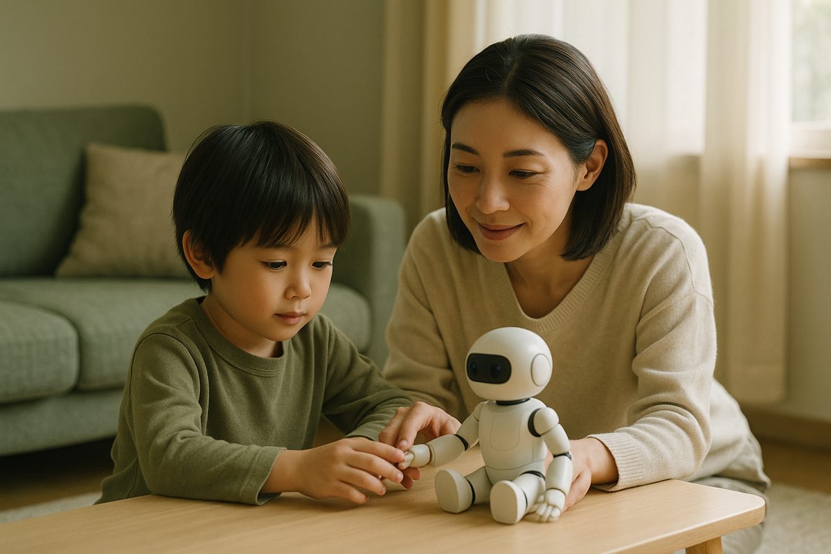 子どもと一緒に小さなロボットに触れる母親