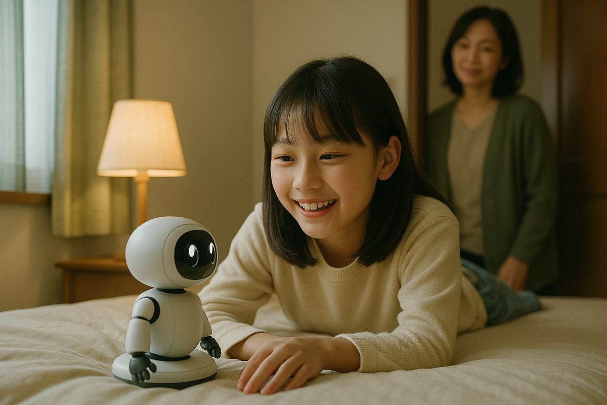 ベッドの上でロボットに話しかける女の子と、見守る母親