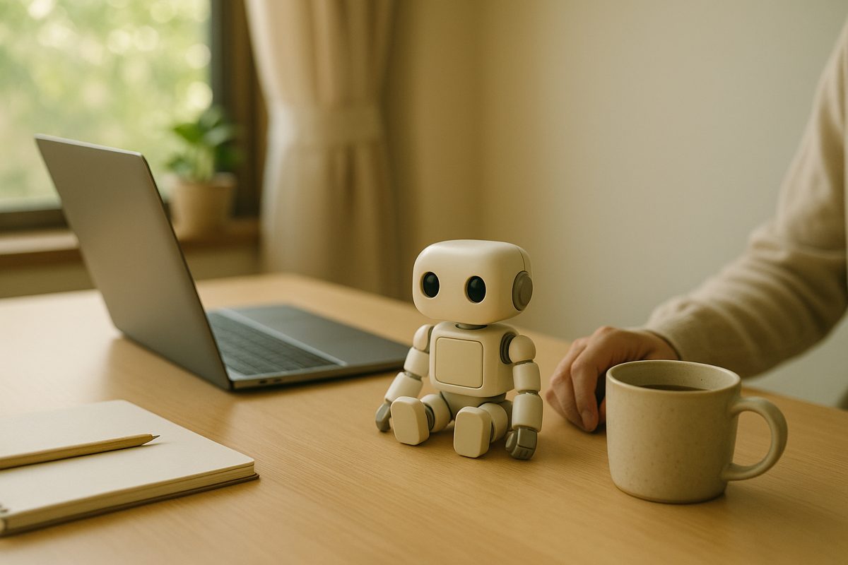 窓辺の机でノートパソコンとマグカップの横に置かれた手のひらサイズのロボット