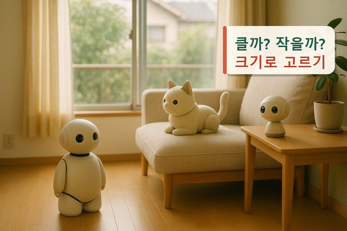 바닥·쿠션·사이드 테이블에 놓인 크기가 다른 3대의 로봇