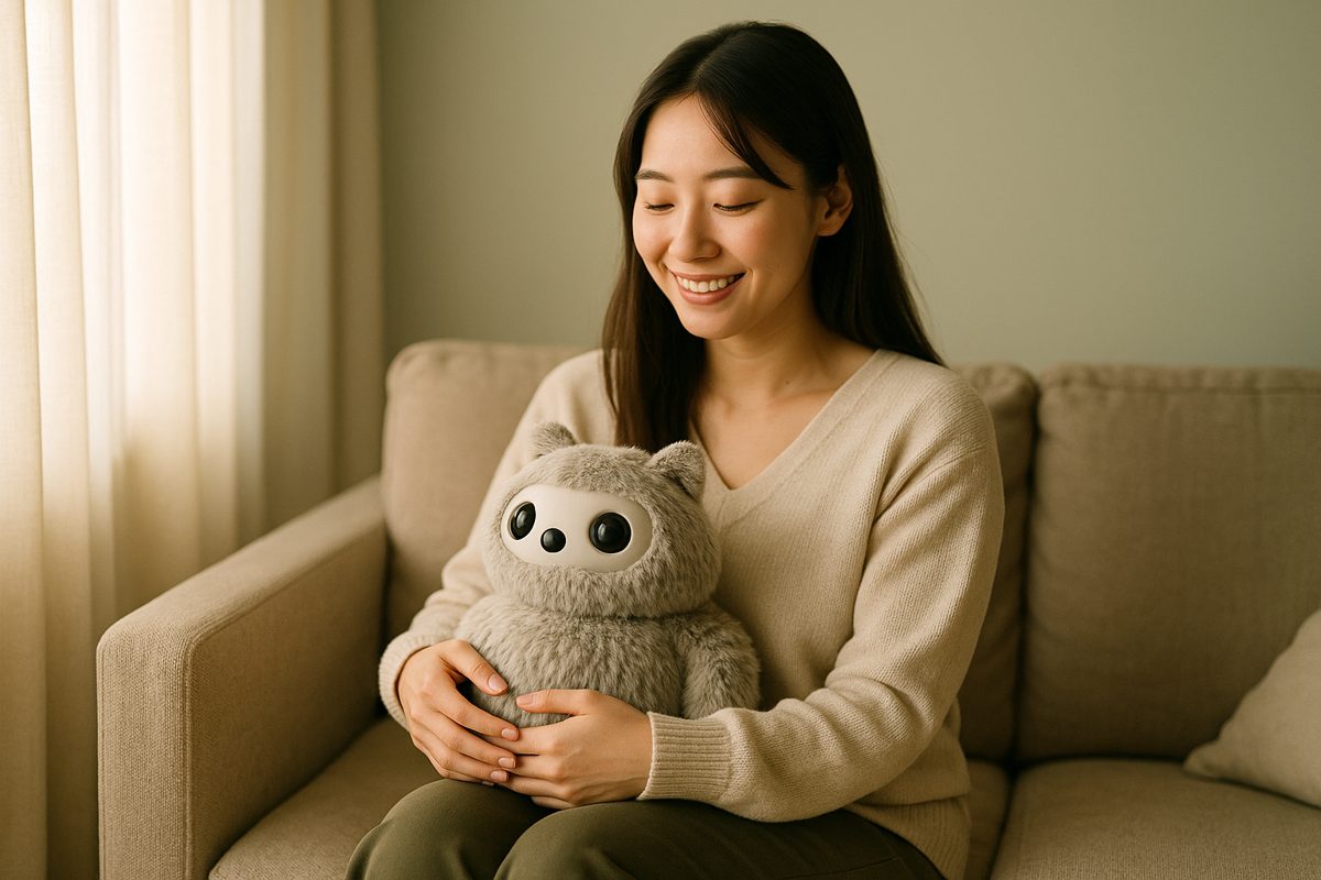 ソファでふわふわのロボットをひざに抱く女性