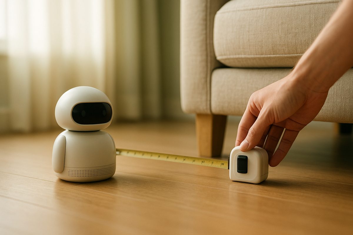 床にメジャーを伸ばしてロボットを置く場所を測る手元