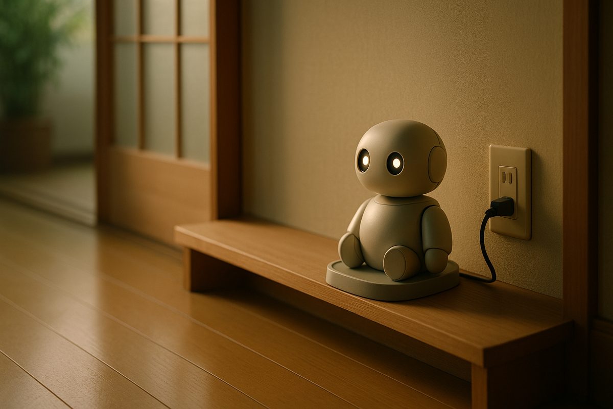 廊下の低い棚で充電台に乗って休む小さなロボット