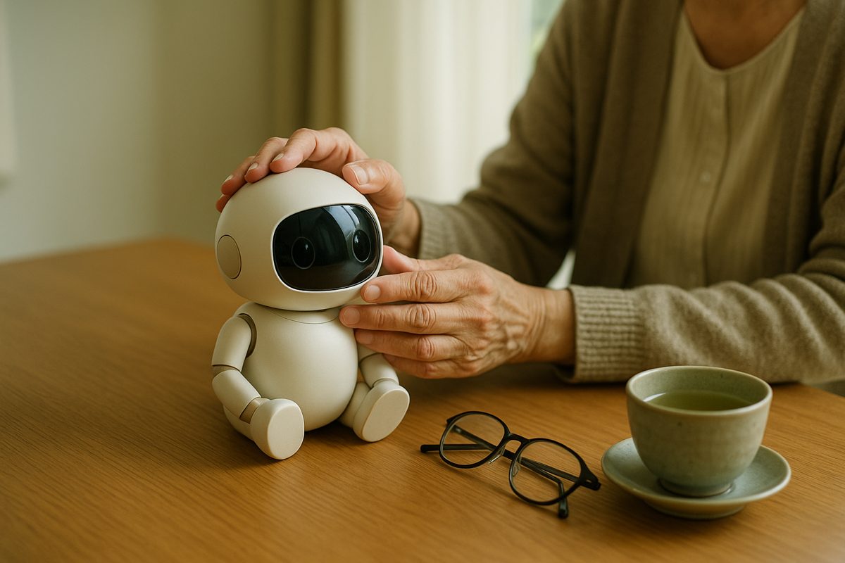 テーブルの上の小さなロボットの頭にそっと触れる高齢者の手