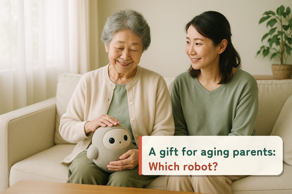 An elderly woman on a sofa stroking a small robot on her lap, with her daughter watching beside her