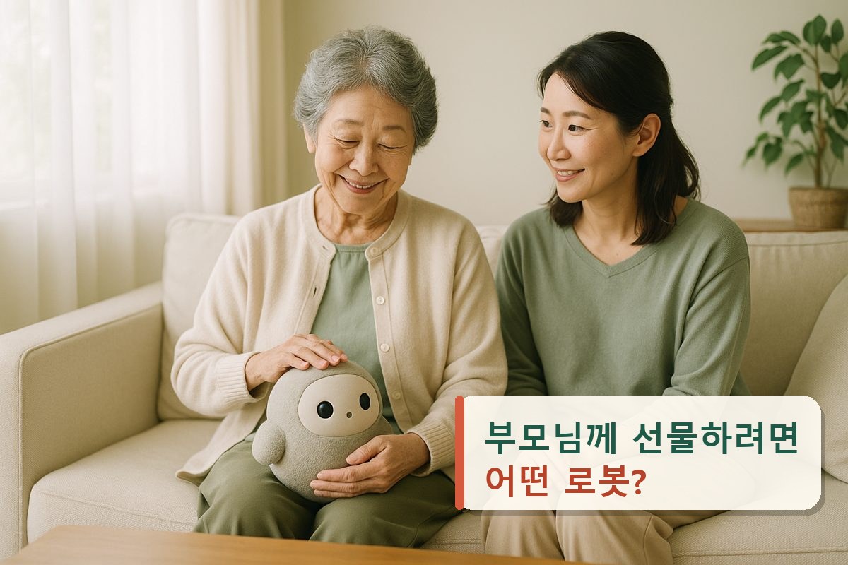 소파에서 무릎 위의 작은 로봇을 쓰다듬는 고령 여성과 옆에서 지켜보는 딸