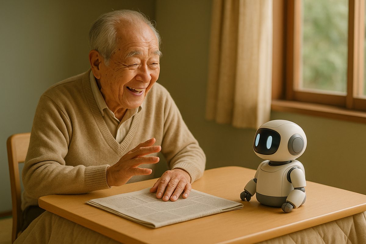 こたつの前で小さなロボットに笑顔で話しかける高齢の男性