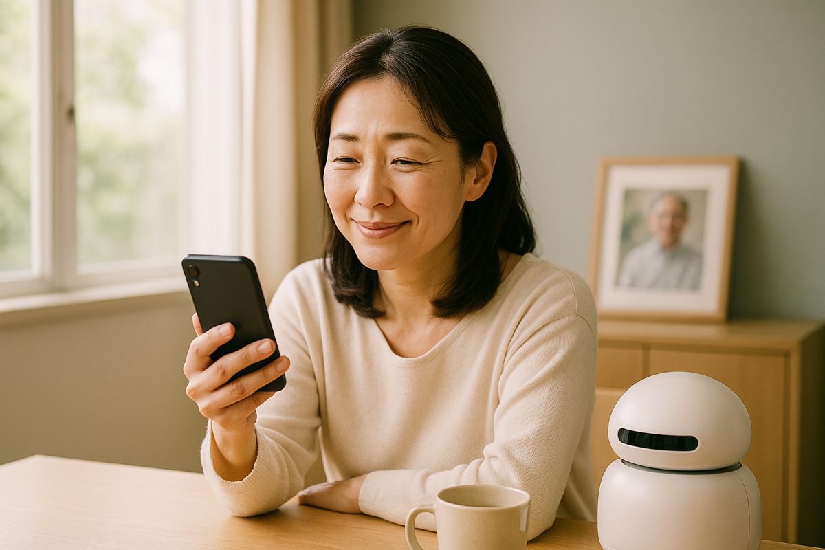 職場の休憩中にスマホを見てほっとした表情の女性