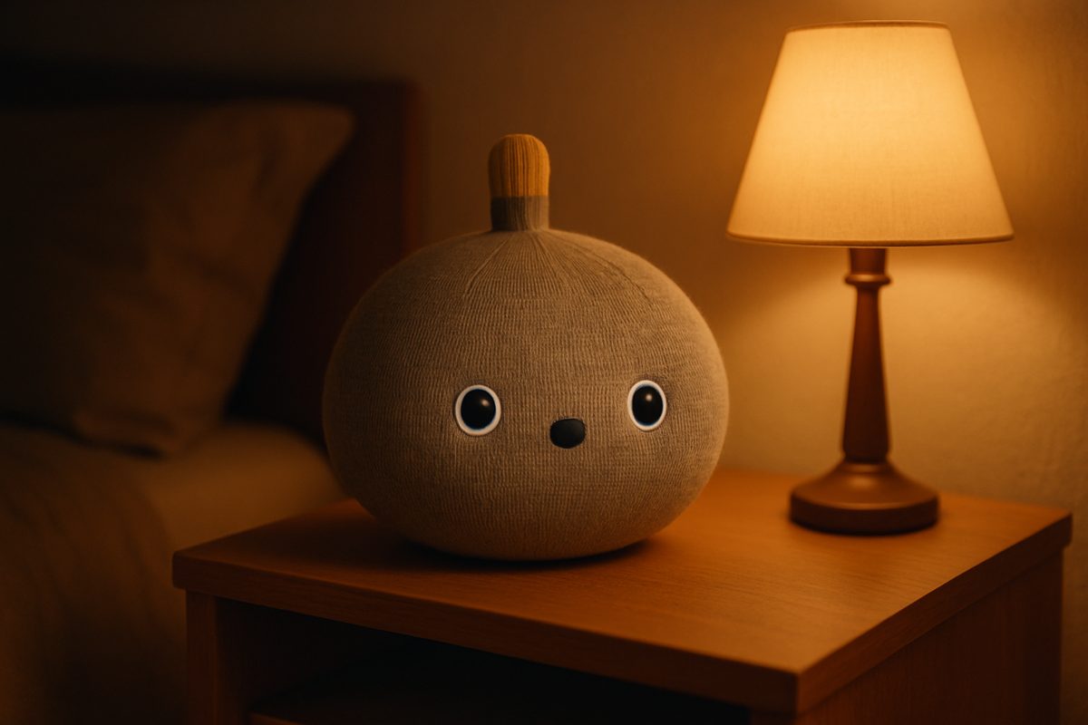 夜の寝室の棚にいるロボットとランプ