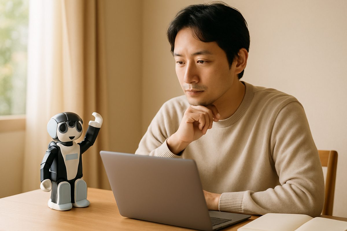 机でノートパソコンを見て確認する男性とロボット