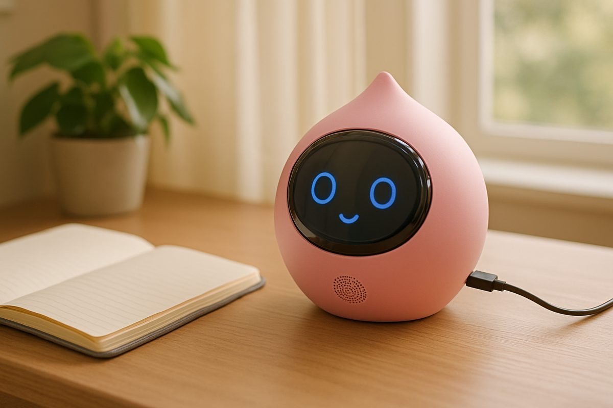 窓際の机で充電ケーブルをつないだピンクのロボット