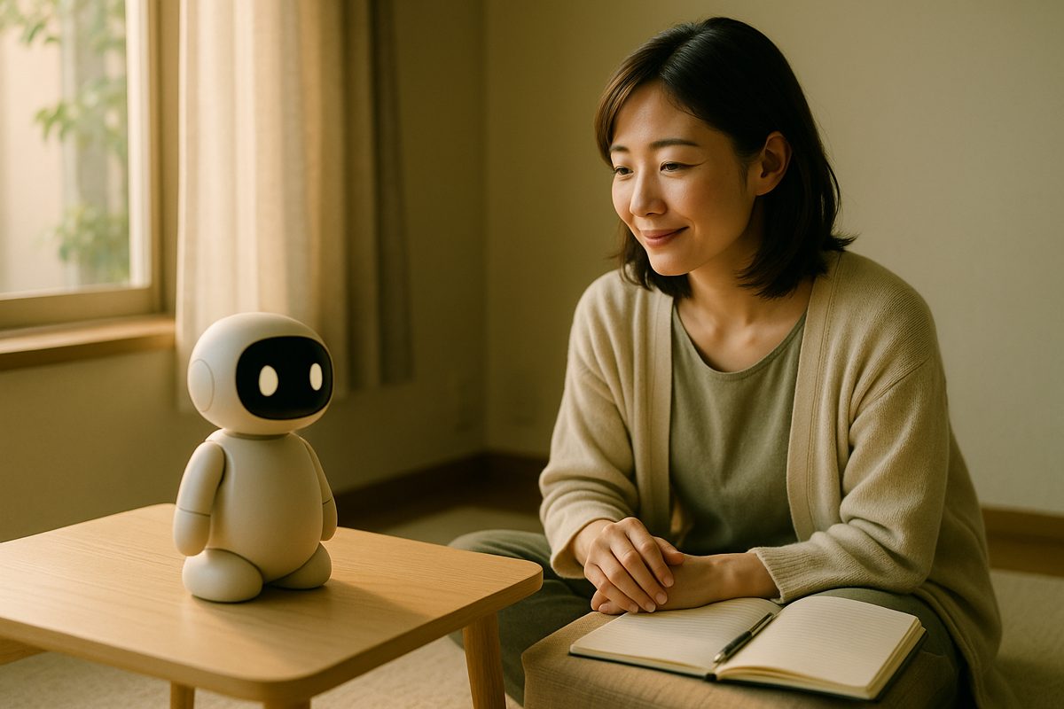 窓辺で小さなロボットに微笑みかける女性とノート