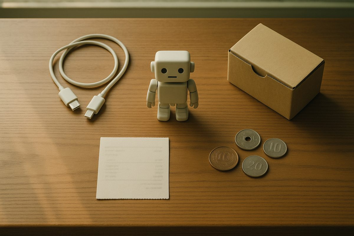机の上の充電ケーブル、小さな箱、硬貨と小さなロボットの置物