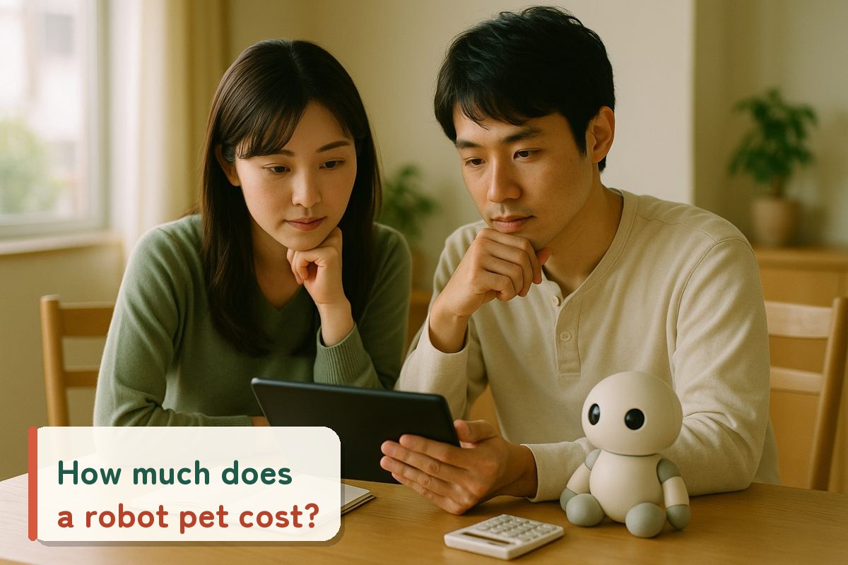 A couple discussing robot prices while looking at a tablet, with a small robot on the table