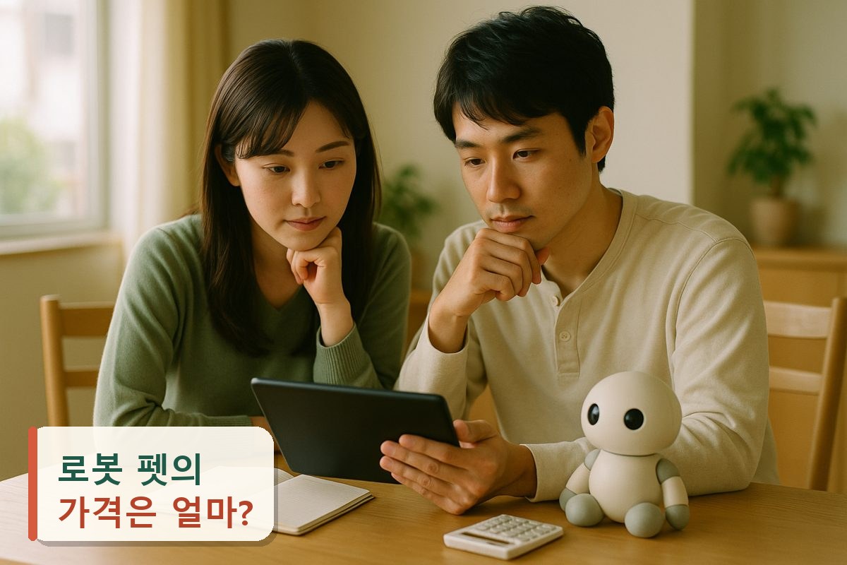 태블릿을 보며 로봇 가격을 상의하는 부부와 테이블 위의 작은 로봇