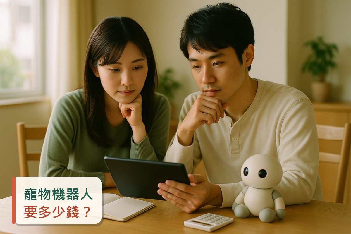 看著平板討論機器人價格的夫妻，以及桌上的小型機器人