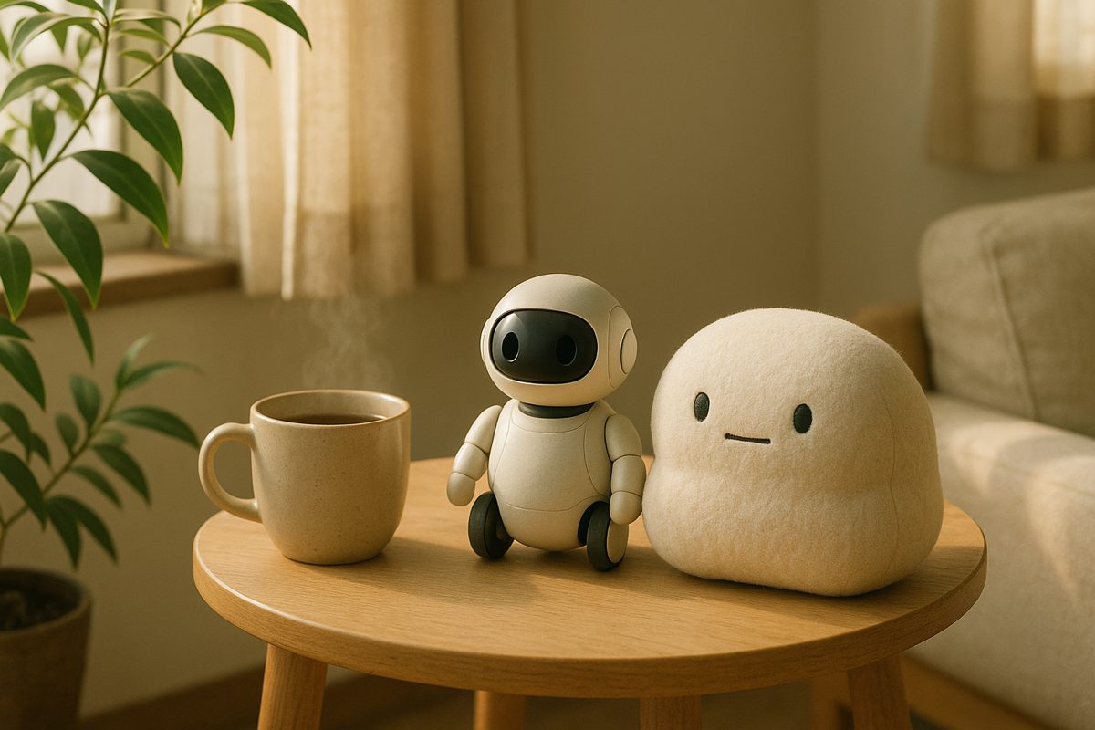 小さなテーブルの上に並ぶ手のひらサイズのロボットとクッション型のロボット