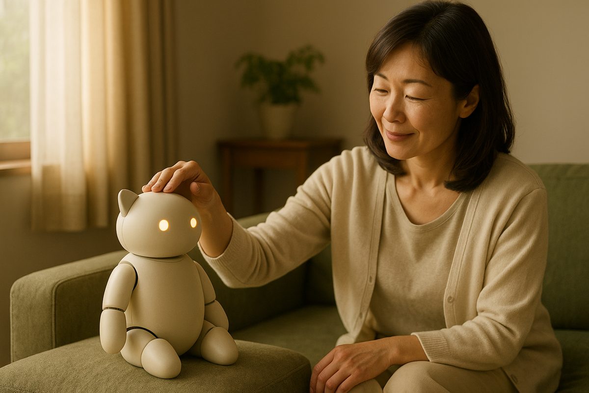 ソファの上のロボットの頭をなでる女性