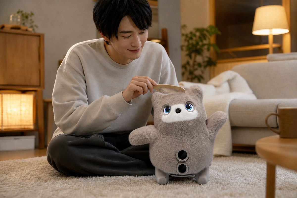 KATAフレンズの毛をくしでとかす男性