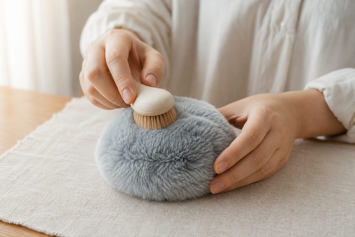 Moflinをぬいぐるみ用ブラシでとかす手