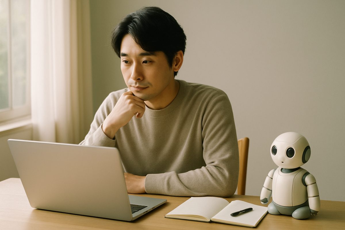机でノートパソコンを見て確認する男性