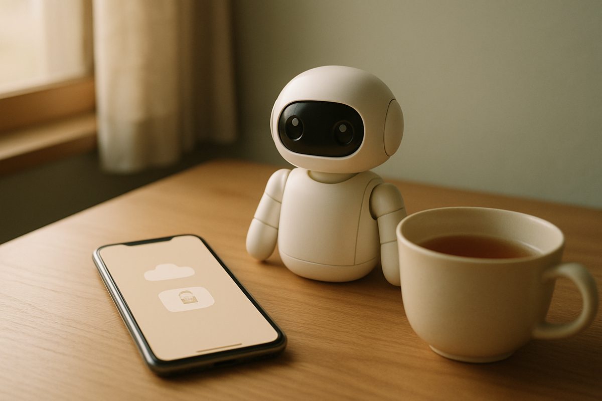 スマートフォンと小さなロボットが置かれた机