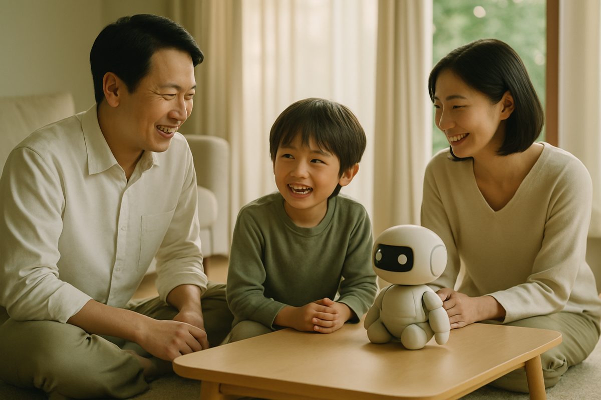 リビングで話す家族とテーブルの上の小さなロボット