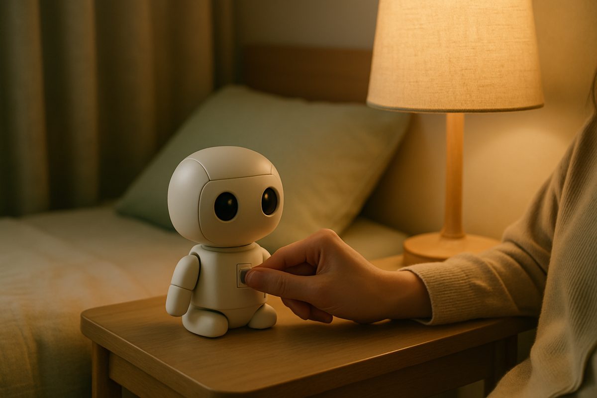 ベッドサイドでロボットの電源スイッチを押す手