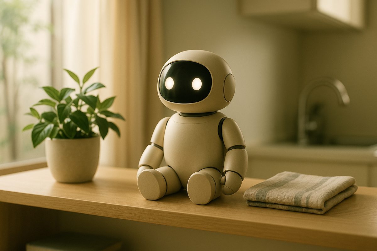 棚の上に置かれた小さなロボットと観葉植物