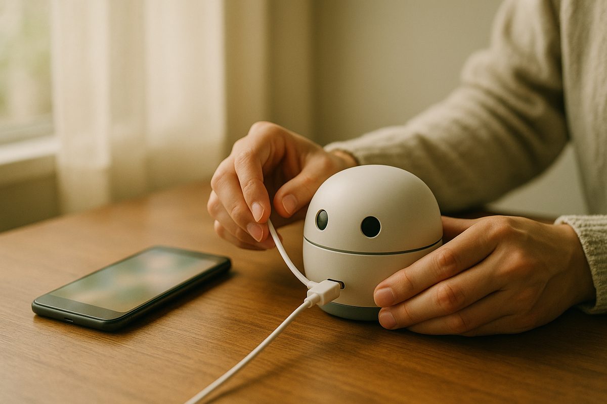 机の上で小さなロボットに充電ケーブルを差し込む手