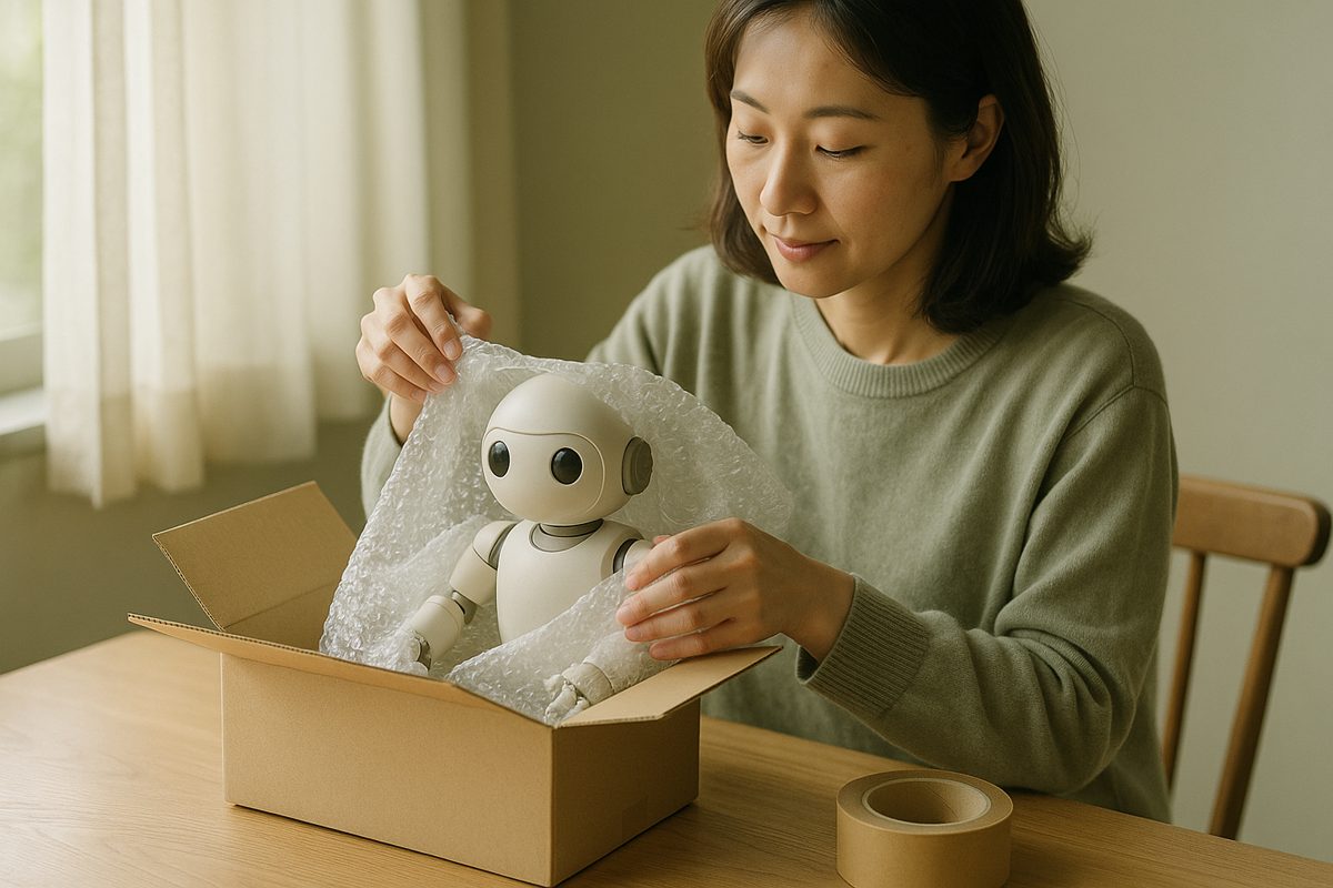 小さなロボットを緩衝材で包み、段ボール箱に入れる女性
