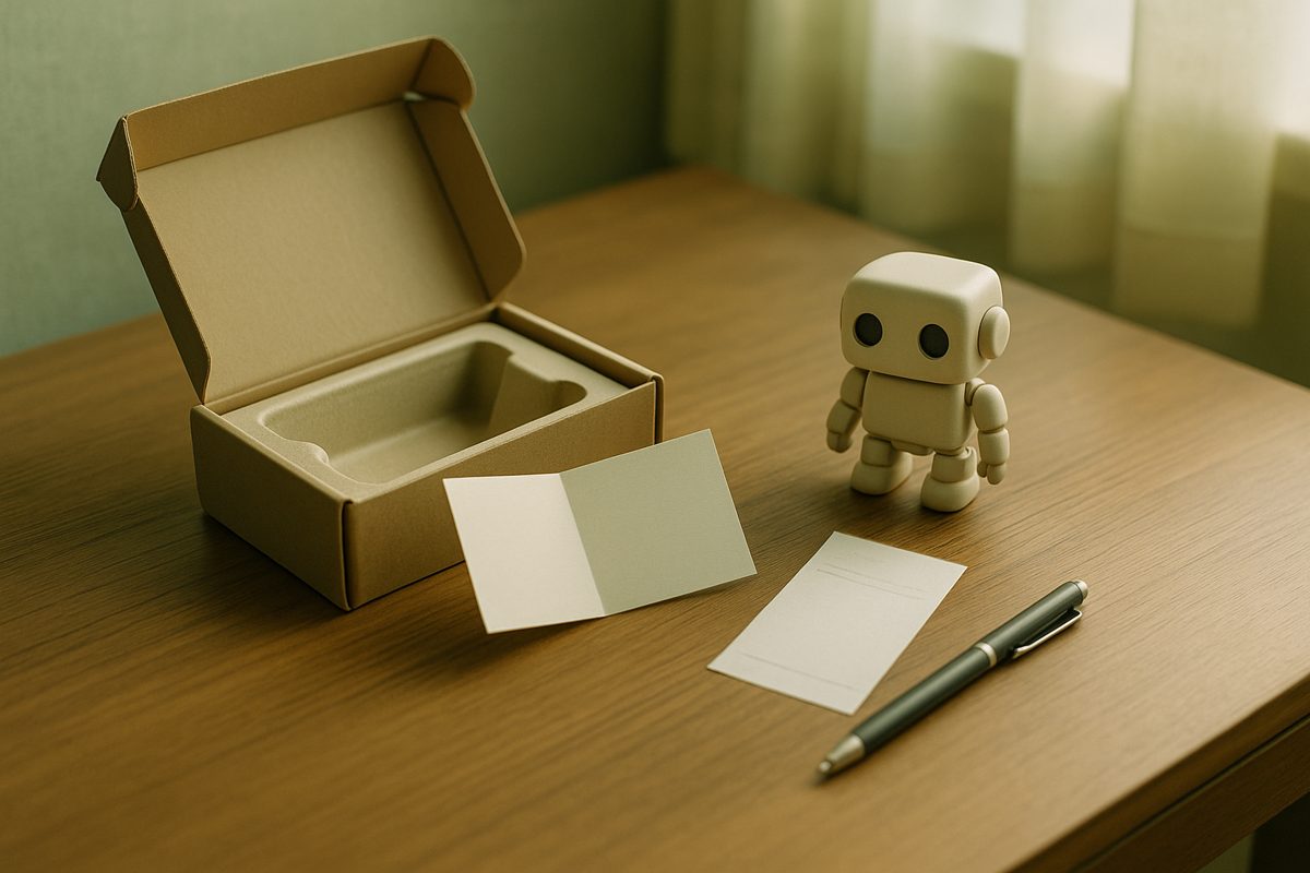 机の上の開いた箱、白紙のカード、ペンと小さなロボットの置物