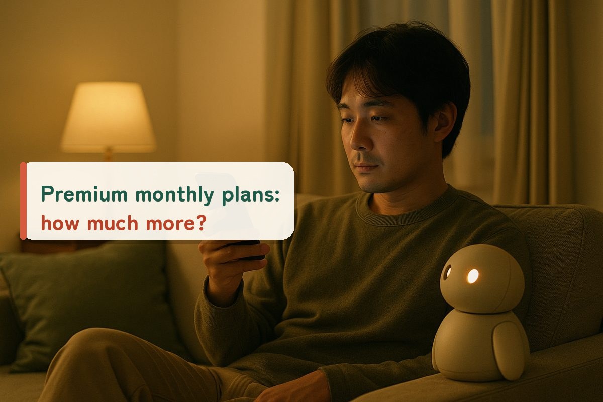 A man looking at his smartphone on a sofa, with a small robot looking up at him nearby