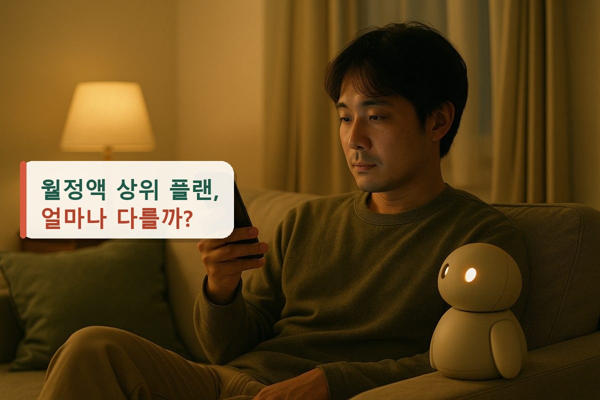소파에서 스마트폰을 보는 남성과 옆에서 올려다보는 작은 로봇