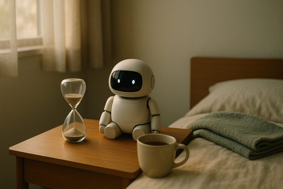 ベッドサイドの砂時計と小さなロボット