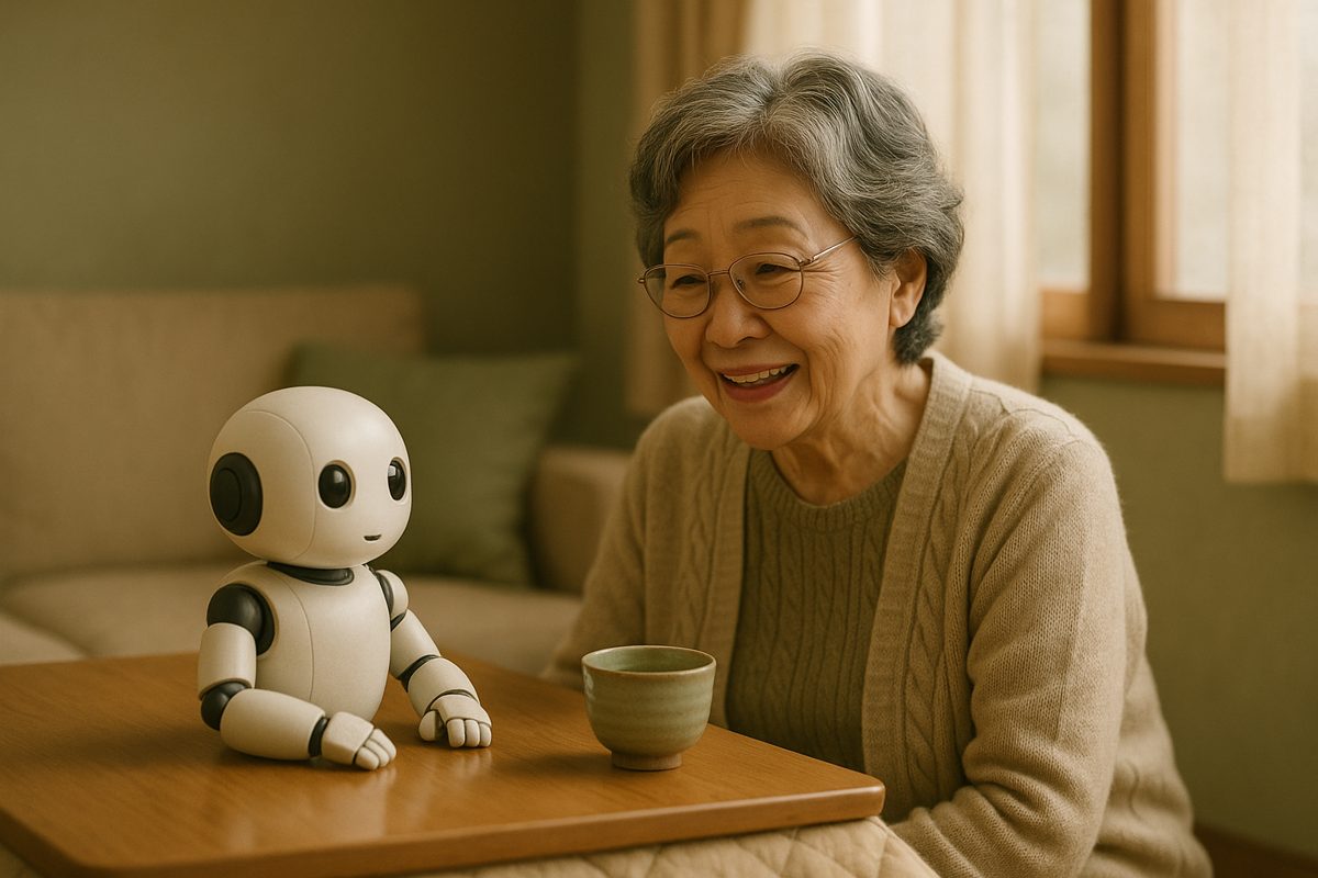 こたつの上のロボットと笑顔で話す年配の女性