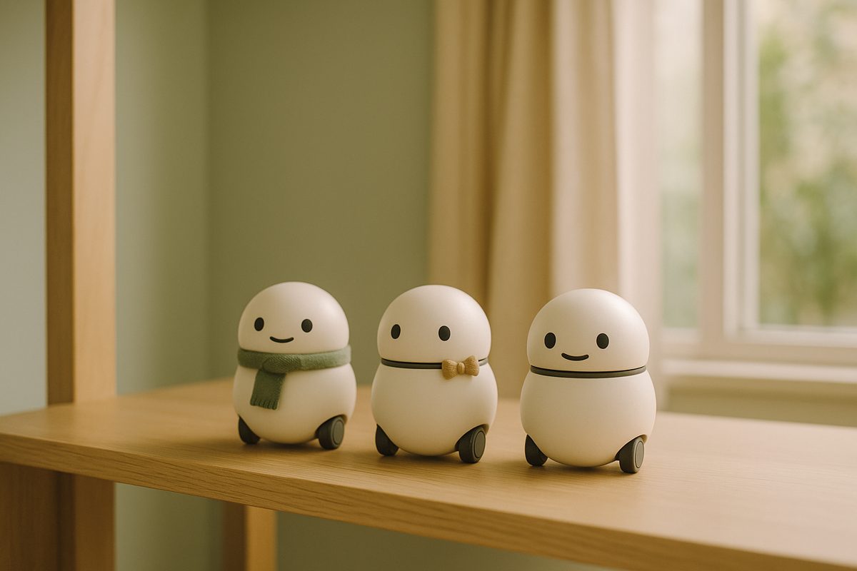 棚の上に並ぶ同じ形の3体の小さなロボット