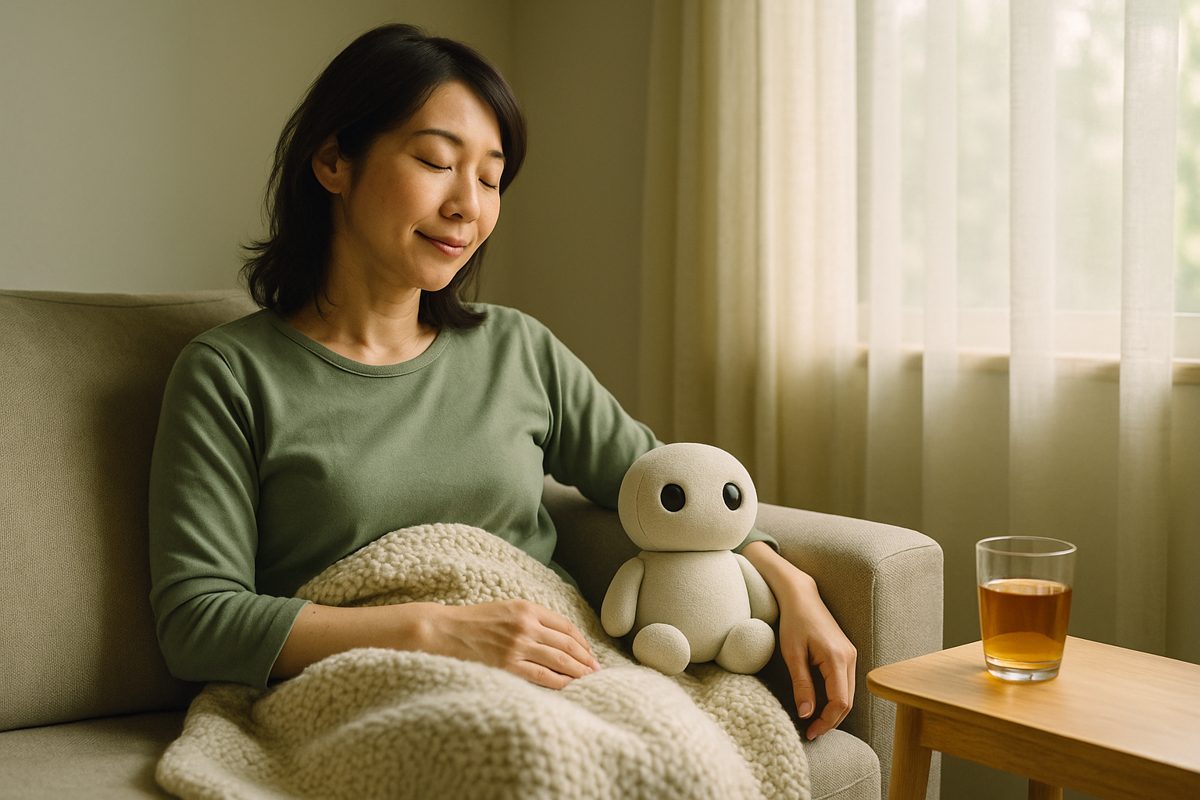 ブランケットをかけてソファでくつろぐ女性と、隣に座る小さなロボット