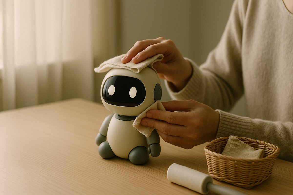 柔らかい布で小さなロボットをふく手