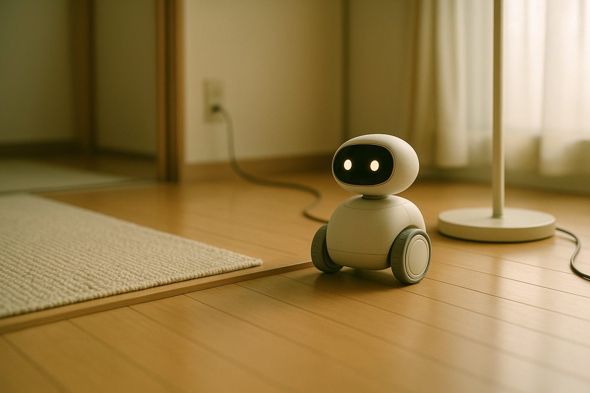 フローリングの上の小さな車輪付きロボットと敷物の端