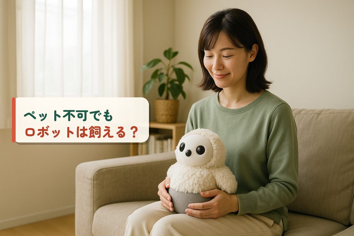 ソファで小さなロボットを抱いてほほえむ女性