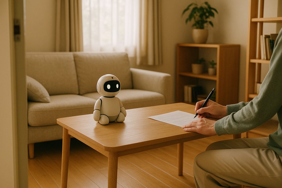賃貸の部屋でテーブルの上のロボットのそばで書類に記入する人